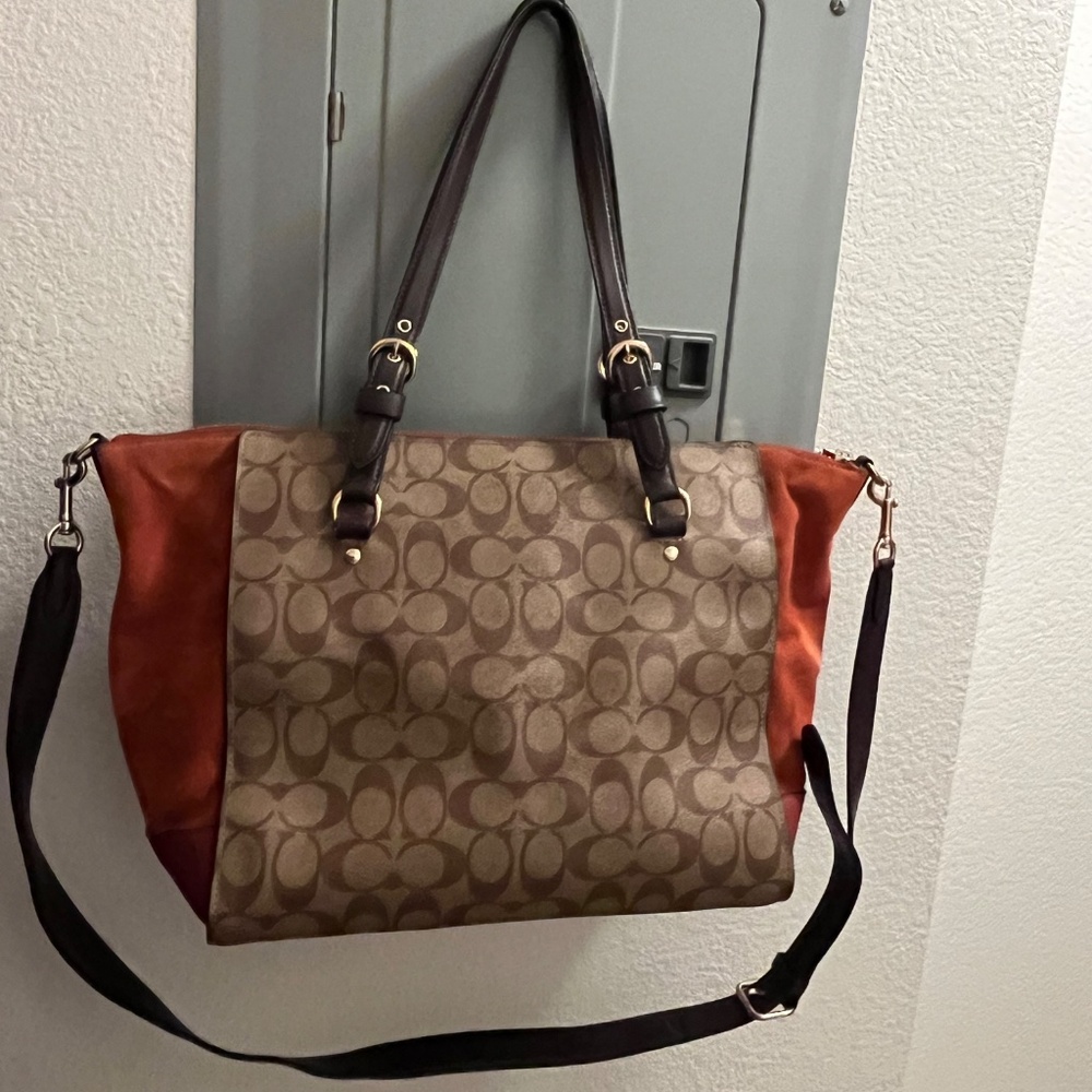 Coach Kleo Carryall jacquard logo suede purse handbag - Picture 2 of 16